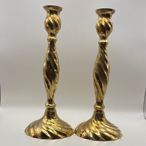 Vintage Pair 10" Tall Brass Spiral Candlestick Holders Made in India